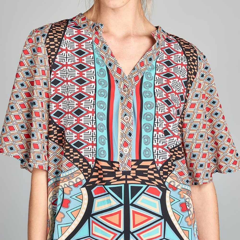 Pink & Teal Geometric Shortsleeve Shift Dress - Picture 3 of 3